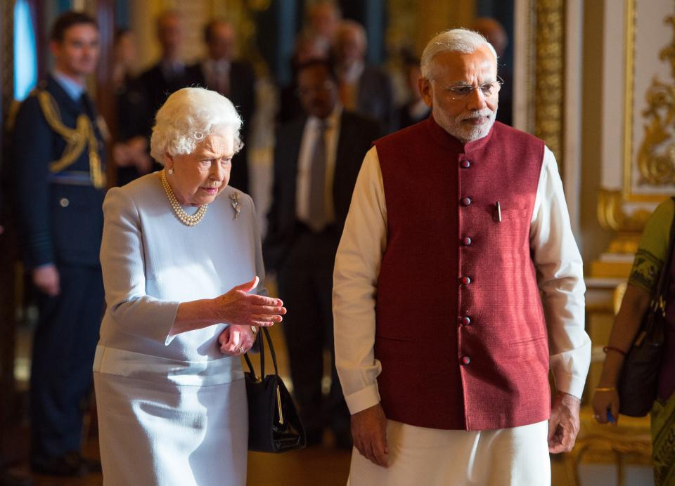 Queen Elizabeth II and Indian Prime Minister Narendra Modi at Buckingham Palace in 2015.