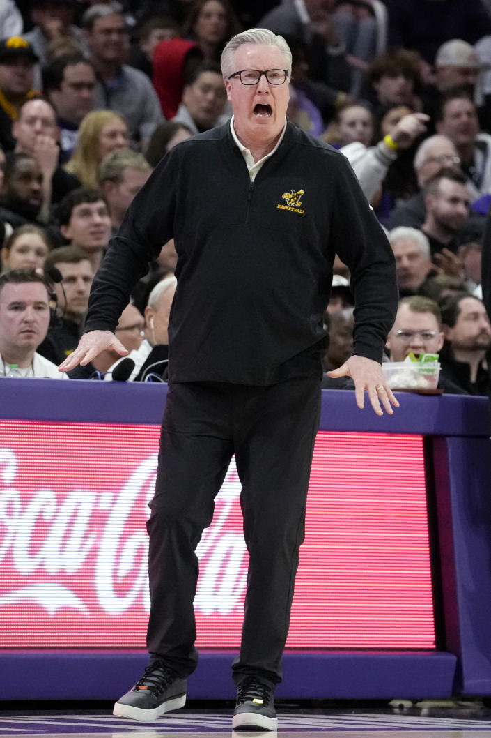 Iowa head coach Fran McCaffery reacts during the first half of an NCAA college basketball game against Northwestern in Evanston, Ill., Sunday, Feb. 19, 2023. (AP Photo/Nam Y. Huh)