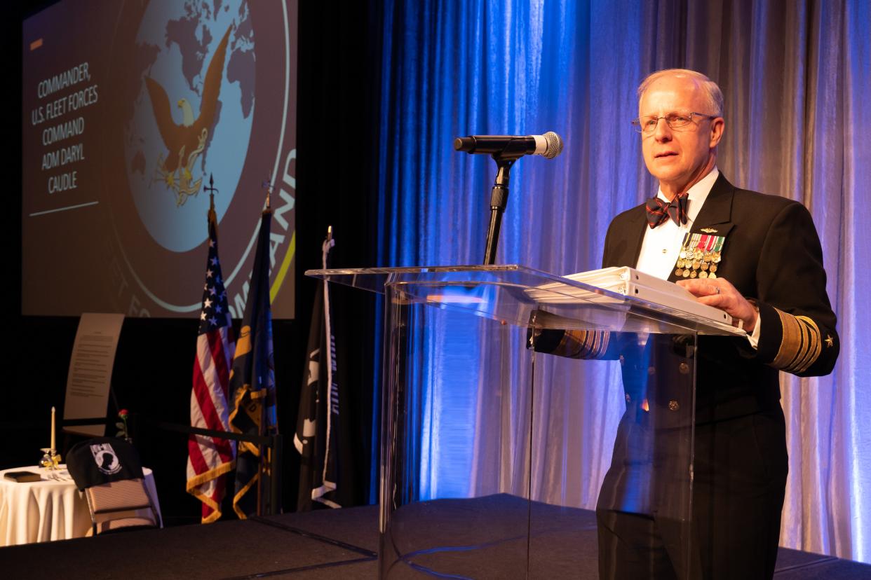 Adm. Daryl Caudle, commander, U.S. Fleet Forces Command, speaks at the Pacific Northwest Officers’ Submarine Birthday Ball on April 29, 2023. The ball celebrates the 123rd birthday of the United States submarine force.
