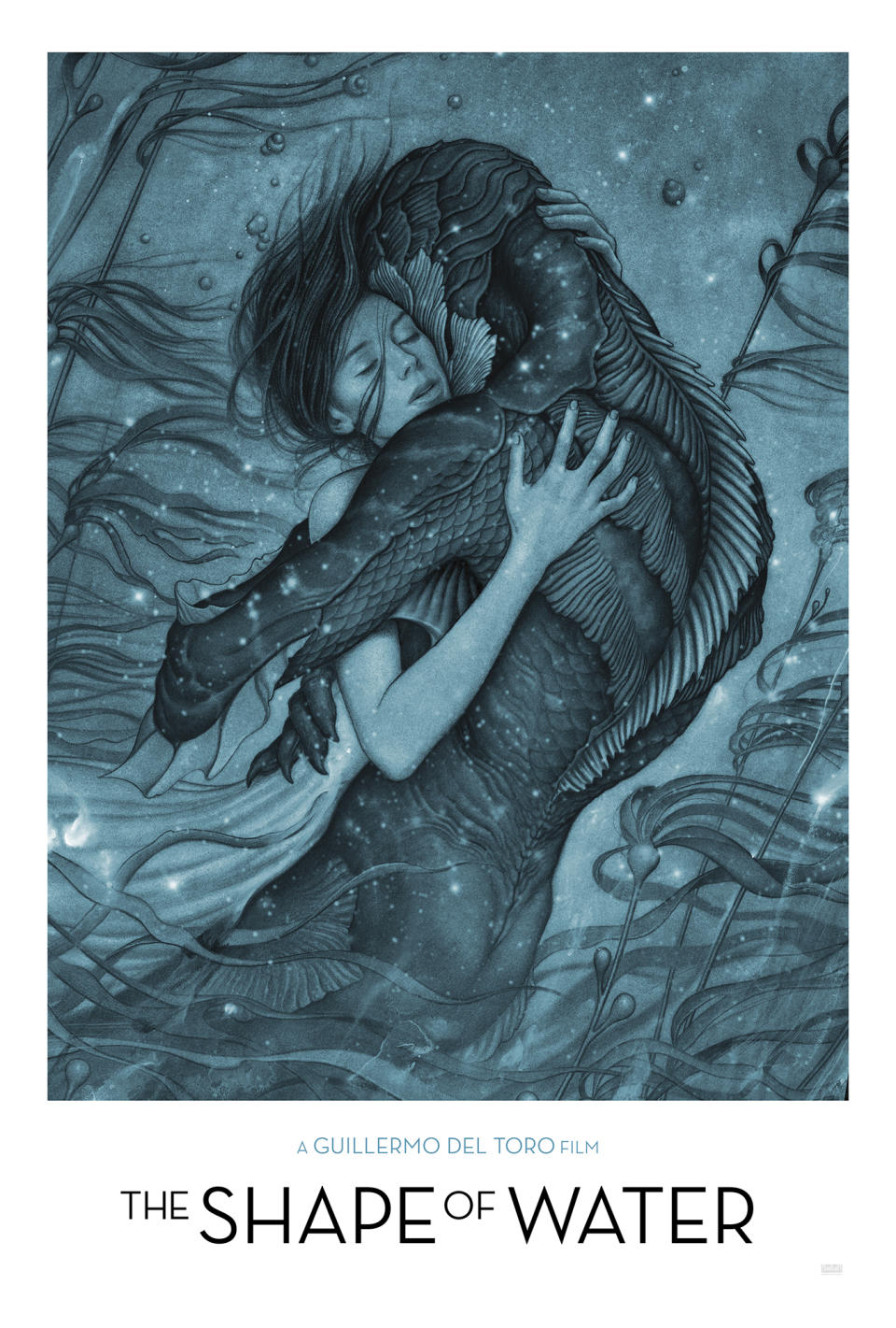 Elisa and the creature embrace in this stunning poster for <i>The Shape of Water</i> (Fox Searchlight)