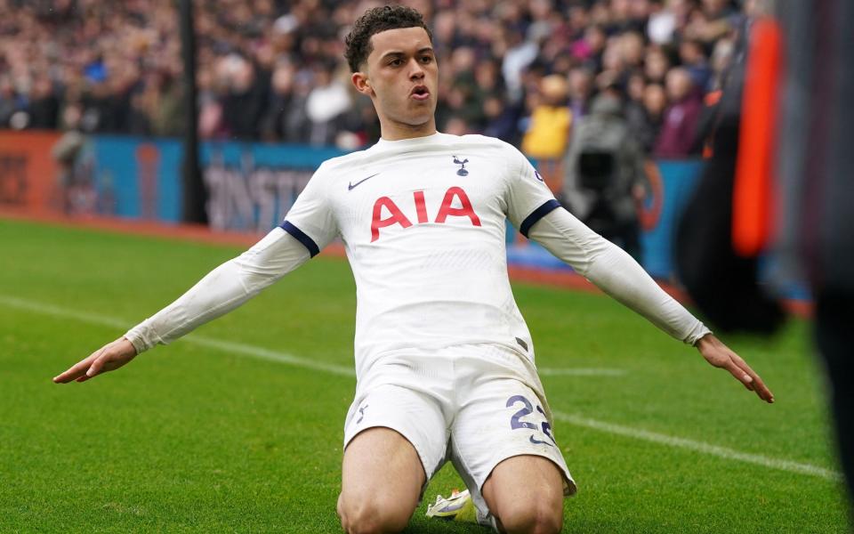 Tottenham Hotspur's Brennan Johnson celebrates scoring his second goal of the game during a Premier League match at Villa Park, Birmingham.