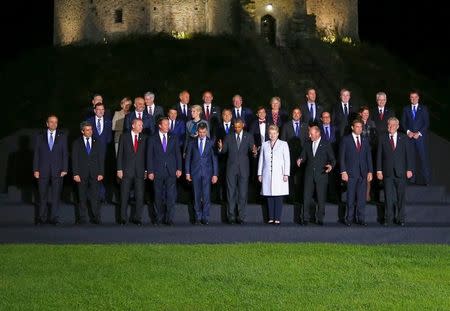 Government leaders and officials pose for a family photograph at Cardiff Castle, in Wales September 4, 2014. REUTERS/Yves Herman