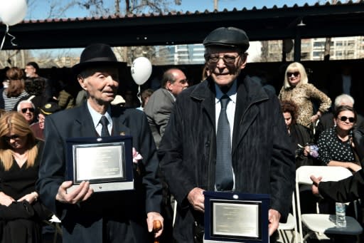 Holocaust survivors Achileas Koukovinos (l) and Heinz Kounio were honoured during the commemorations