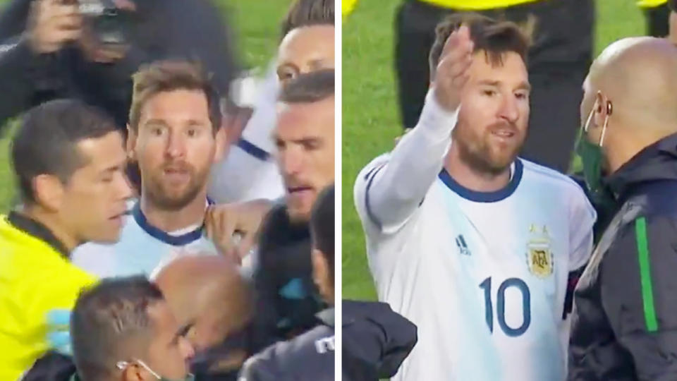 Lionel Messi (pictured) fumes and argues with a Bolivia trainer after the World Cup qualifier.
