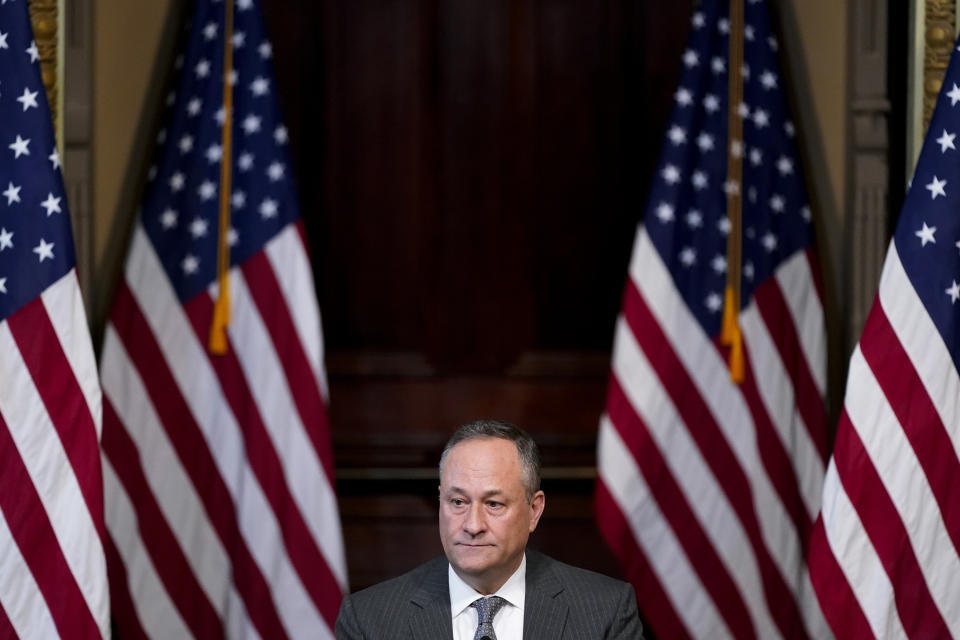 Doug Emhoff, the husband of Vice President Kamala Harris, attends a roundtable discussion with Jewish leaders about the rise in antisemitism and efforts to fight hate in the United States in the Indian Treaty Room in the Eisenhower Executive Office Building on the White House Campus in Washington, Wednesday, Dec. 7, 2022. (AP Photo/Patrick Semansky)