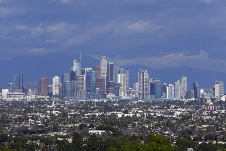 The Los Angeles skyline is seen from a Baldwin Hills overlook Friday, Feb. 9, 2024. A 4.6-magnitude earthquake struck the Southern California coast near Malibu on Friday and was widely felt in the Los Angeles region, rattling windows and shaking shelves but bringing no reports of major damage or injuries. (AP Photo/Damian Dovarganes)