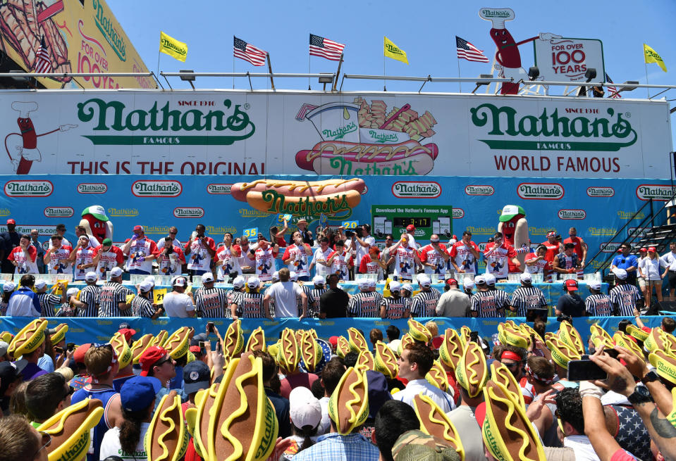 Nathanâs July 4th hot dog eating contest. Thursday, July 4th 2019 The 103rd annual Nathan's July 4th Hot Dog eating contest in Coney Island Brooklyn, NYC on Stilwell & Surf avenues. Joey "Jaws" Chestnut, the defending men champion won with 71 hot dogs and buns in 10 minutes while the women contest was also won by the defending champion Miki Sudo with 31 hot dogs and buns. 