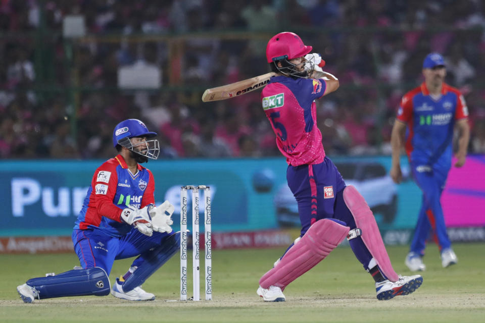 Rajasthan Royals' Riyan Parag plays a shot during the Indian Premier League cricket match between Delhi Capitals and Rajasthan Royals in Jaipur, India, Thursday, March 28, 2024. (AP Photo/Pankaj Nangia)