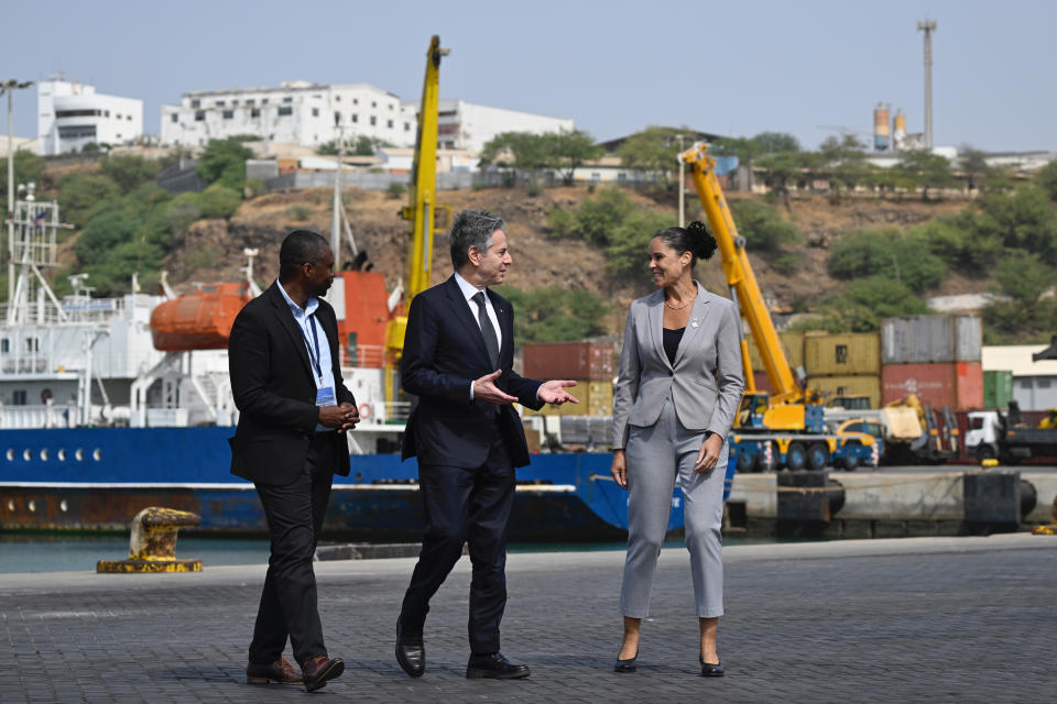 US Secretary of State Antony Blinken, centre, walks at the Porto da Praia Pier 1 in Praia, Cape Verde, Monday, Jan. 22, 2024. (Andrew Caballero-Reynolds/Pool Photo via AP)