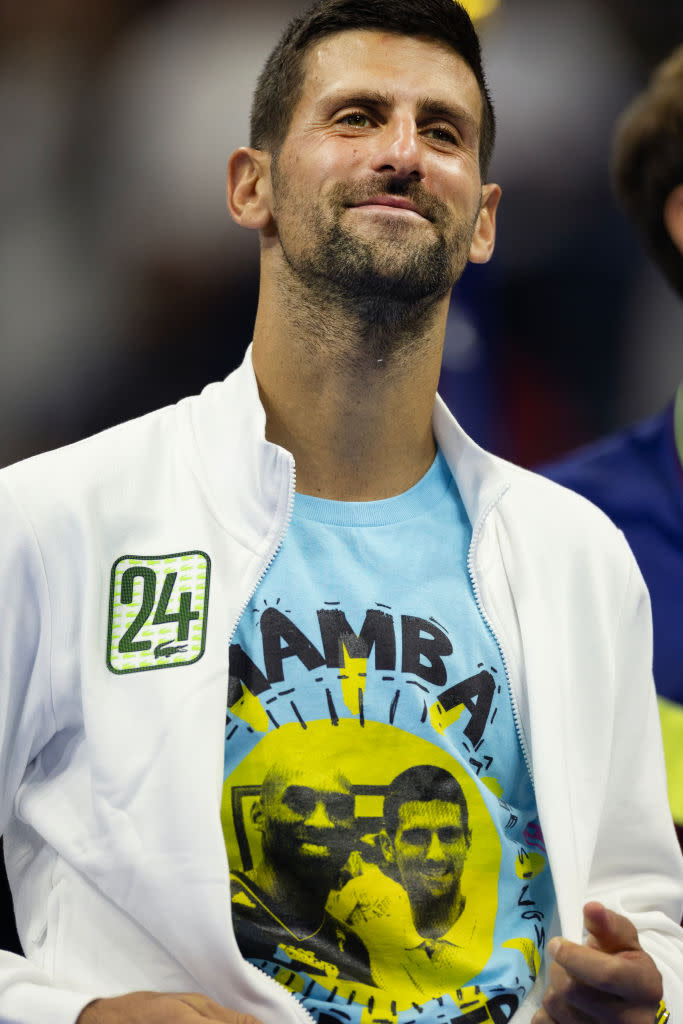 NEW YORK, USA:  September 10:  Novak Djokovic of Serbia shows his Mamba tee shirt featuring Kobe Bryant after his victory against Daniil Medvedev of Russia in the Men's Singles Final on Arthur Ashe Stadium during the US Open Tennis Championship 2023 at the USTA National Tennis Centre on September 10th, 2023 in Flushing, Queens, New York City.  (Photo by Tim Clayton/Corbis via Getty Images)