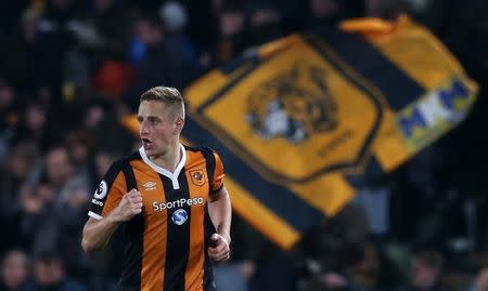 Football Soccer Britain - Hull City v West Bromwich Albion - Premier League - The Kingston Communications Stadium - 26/11/16 Hull City's Michael Dawson celebrates scoring their first goal Reuters / Scott Heppell Livepic