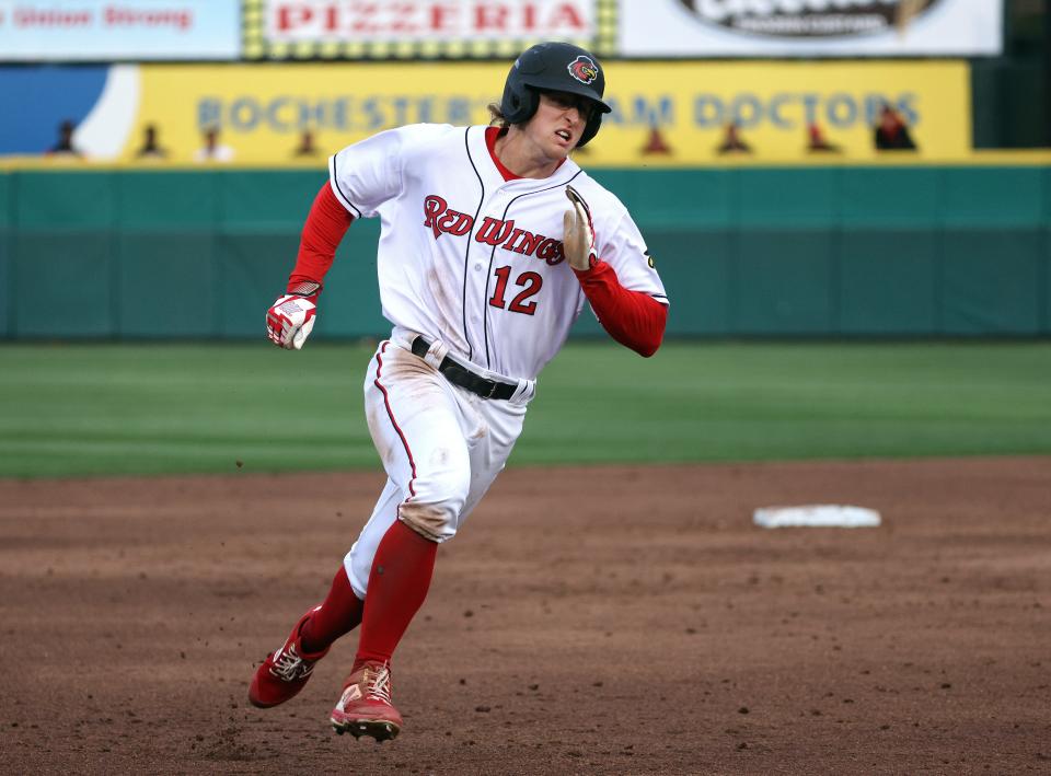 File Photo: The Red Wings Andrew Stevenson rounds third base to score against Buffalo earlier this summer.