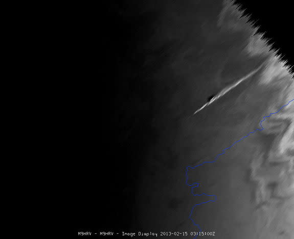The meteor which exploded over the Urals of central Russia was seen by Meteosat-9, at the edge of the satellite view. Hundreds of people were reportedly injured as the meteor's massive sonic boom caused widespread damage. Image taken Feb. 15, 2