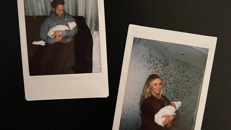 Olly and Amelia holding baby in two polaroid photos