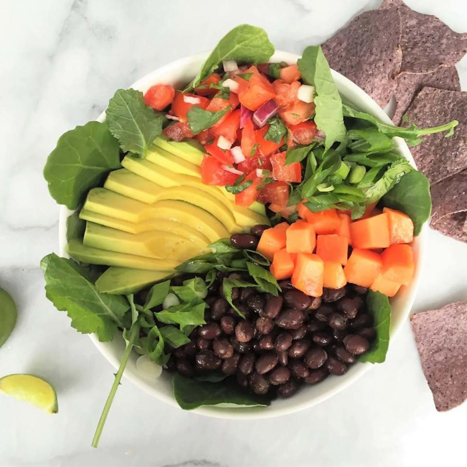 Power Greens, Papaya, And Black Bean Taco Bowl