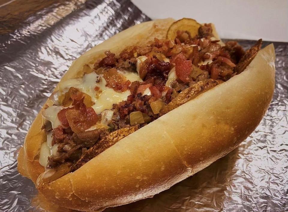 A loaded cheesesteak with bacon, onions, potatoes, cheese and brandy peppercorn sauce from Big Bob's Philly Cheesesteaks in Englishtown.