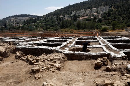 Part of an excavation site where a huge prehistoric settlement was discovered by Israeli archaeologists, is seen in the town of Motza near Jerusalem