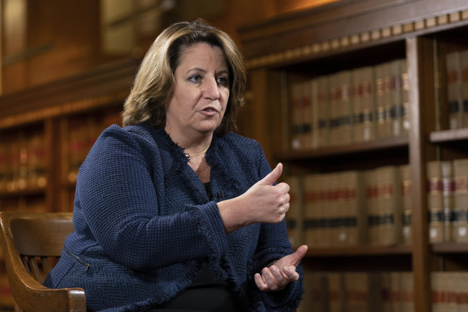 Deputy Attorney General Lisa Monaco speaks to The Associated Press during an interview at the Department of Justice in Washington, Tuesday, Nov. 2, 2021. Monaco told the AP that the public should expect to see more arrests and law enforcement action as the Justice Department deals with the threat of ransomware. (AP Photo/Manuel Balce Ceneta)