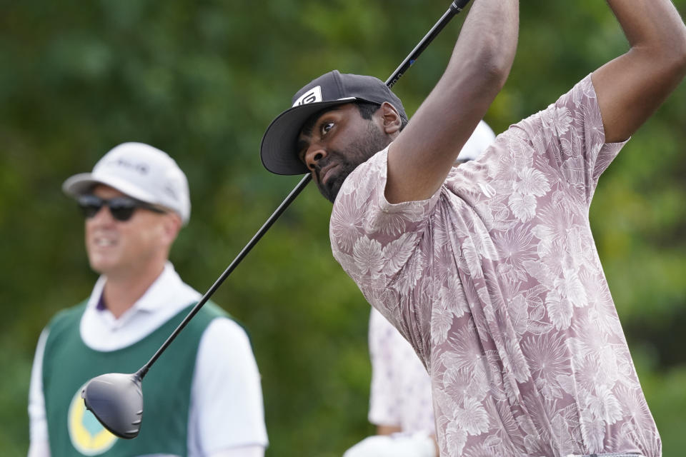 Sahith Theegala watches his drive from the third tee during the final round of the Sanderson Farms Championship golf tournament in Jackson, Miss., Sunday, Oct. 3, 2021. (AP Photo/Rogelio V. Solis)