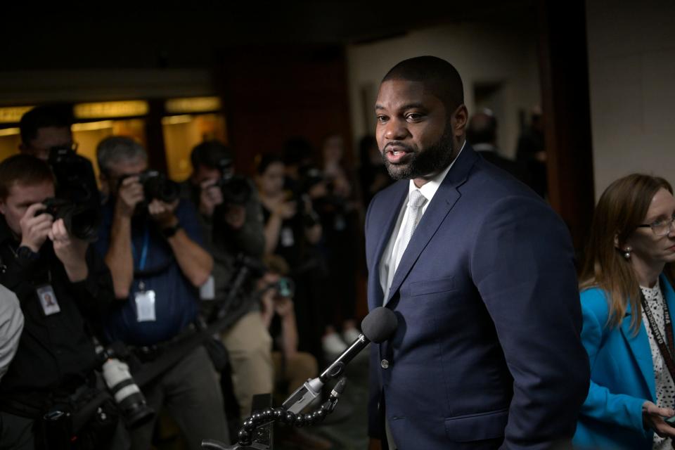Rep. Byron Donalds, R-Fla., speaks to reporters as House Republicans meet to hold an internal House speaker election on Oct. 11, 2023, in Washington, D.C.