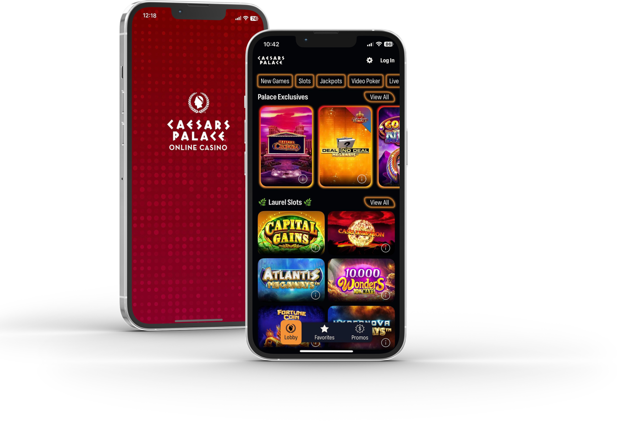 An illustration of the Caesars Palace Online Casino app on two smartphones.