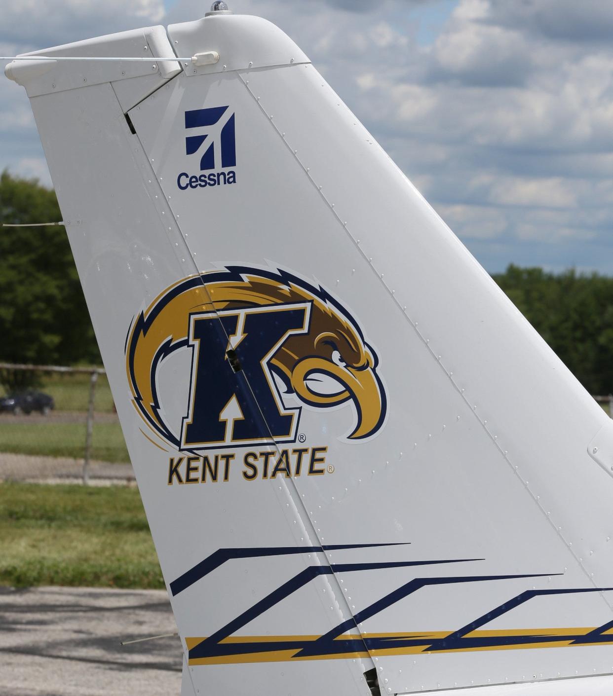 In this file photo, Flash the Kent State mascot graces a tail on a plane at Kent State University's Andrew Patton Field in Stow.