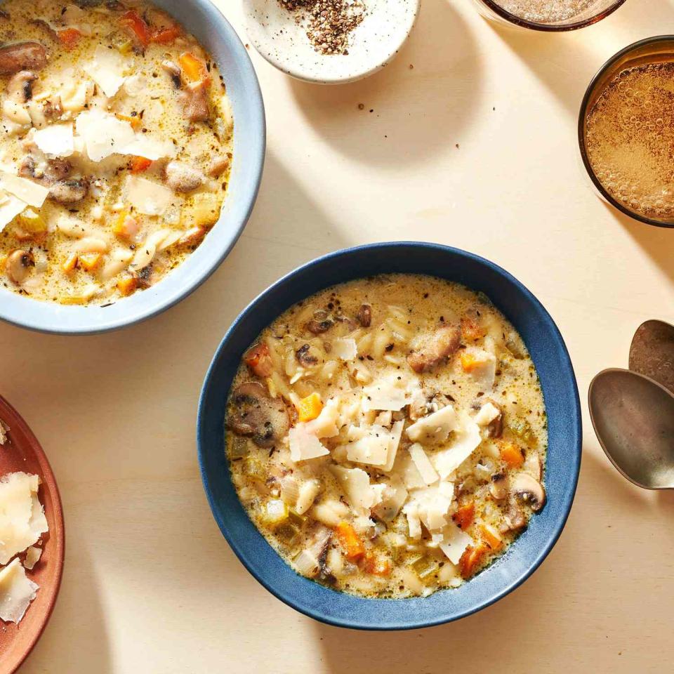 Creamy Mushroom & Orzo Soup with Lemon & Parmesan