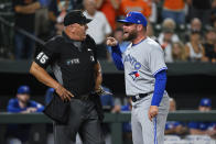 Toronto Blue Jays interim manager John Schneider argues after being ejected by umpire Jeff Nelson during the seventh inning of the team's baseball game against the Baltimore Orioles, Tuesday, Sept. 6, 2022, in Baltimore. (AP Photo/Terrance Williams)