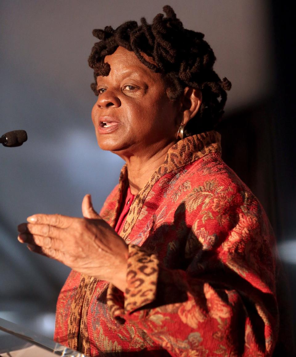 Rep. Gwen Moore, who shared her abortion story for the first time this year, speaks at an event in Milwaukee on Feb. 25, 2022.