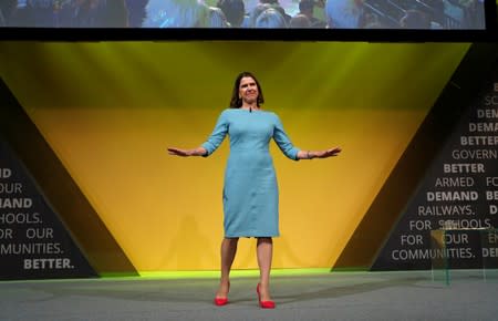 Leader of Britain's Liberal Democrats Jo Swinson delivers her speech at the yearly party conference in Bournemouth