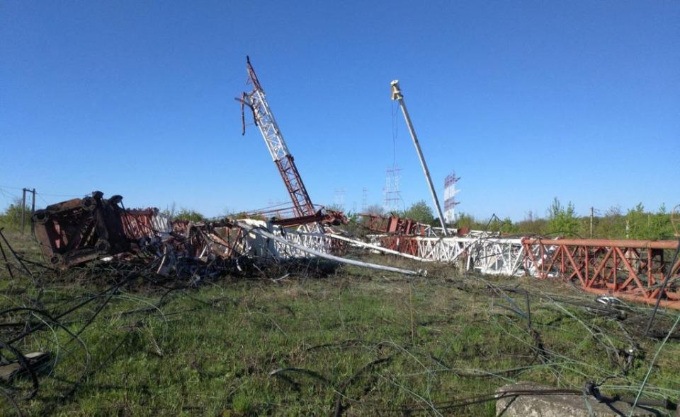 Radio antennae lie on the ground following blasts in the village of Mayak in Transnistria (Transnistrian interior ministry)