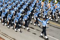 Soldiers march along Rajpath during the Republic Day parade in New Delhi on January 26, 2021. (Photo by Jewel SAMAD / AFP) (Photo by JEWEL SAMAD/AFP via Getty Images)