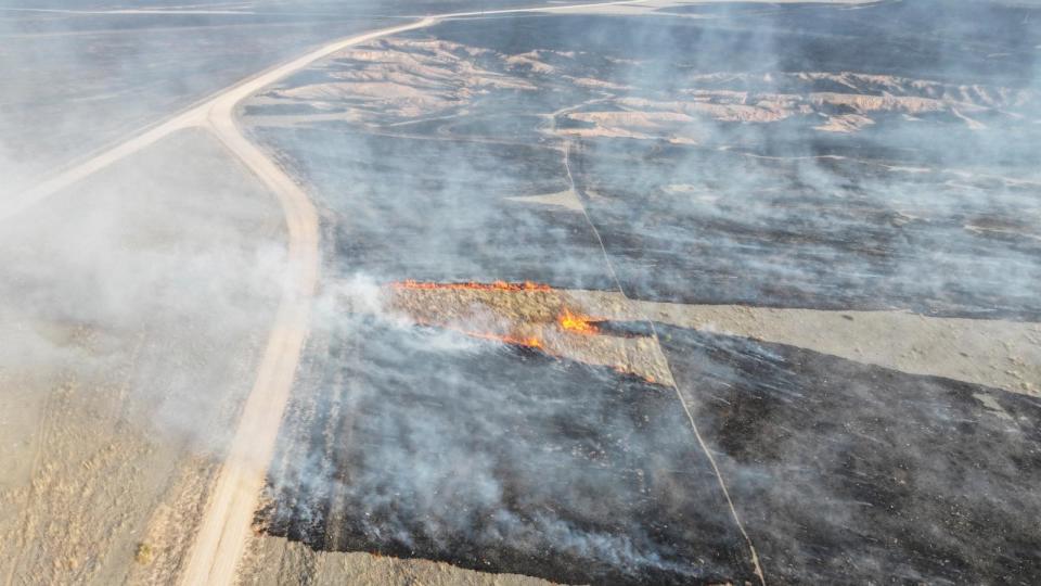 PHOTO: A drone view of the grasslands burning from the Smokehouse Creek Fire in Roberts County, Texas, on Feb. 28, 2024. (Nathan Frandino/Reuters)