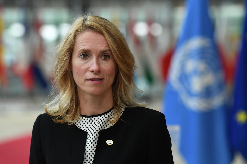 Estonian Prime Minister Kaja Kallas talks to journalists as he arrives for an EU summit at the European Council building in Brussels, Thursday, June 24, 2021. At their summit in Brussels, EU leaders are set to take stock of coronavirus recovery plans, study ways to improve relations with Russia and Turkey, and insist on the need to develop migration partners with the countries of northern Africa, but a heated exchange over a new LGBT bill in Hungary is also likely. (John Thys, Pool Photo via AP)