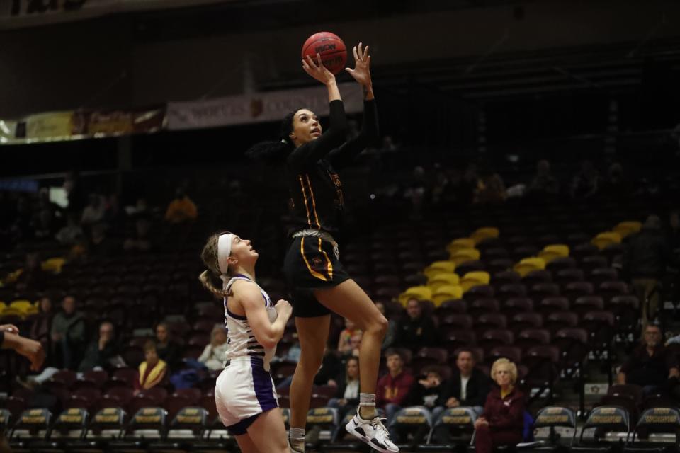 Northern State's Kailee Oliverson puts up a shot during an NSIC contest against Winona State inside Wachs Arena on Jan. 22, 2022.