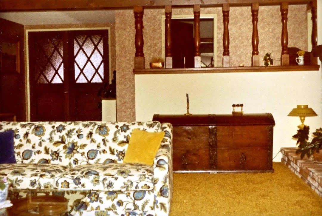 living room in the 70s with orange shag carpet