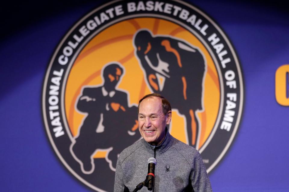 Former Purdue basketball player Terry Dischinger speaks during a news conference for Collegiate Basketball Hall of Fame inductions in Kansas City, Mo., Sunday, Nov. 24, 2019. Dischinger is a member of the class of 2019. (AP Photo/Orlin Wagner)
