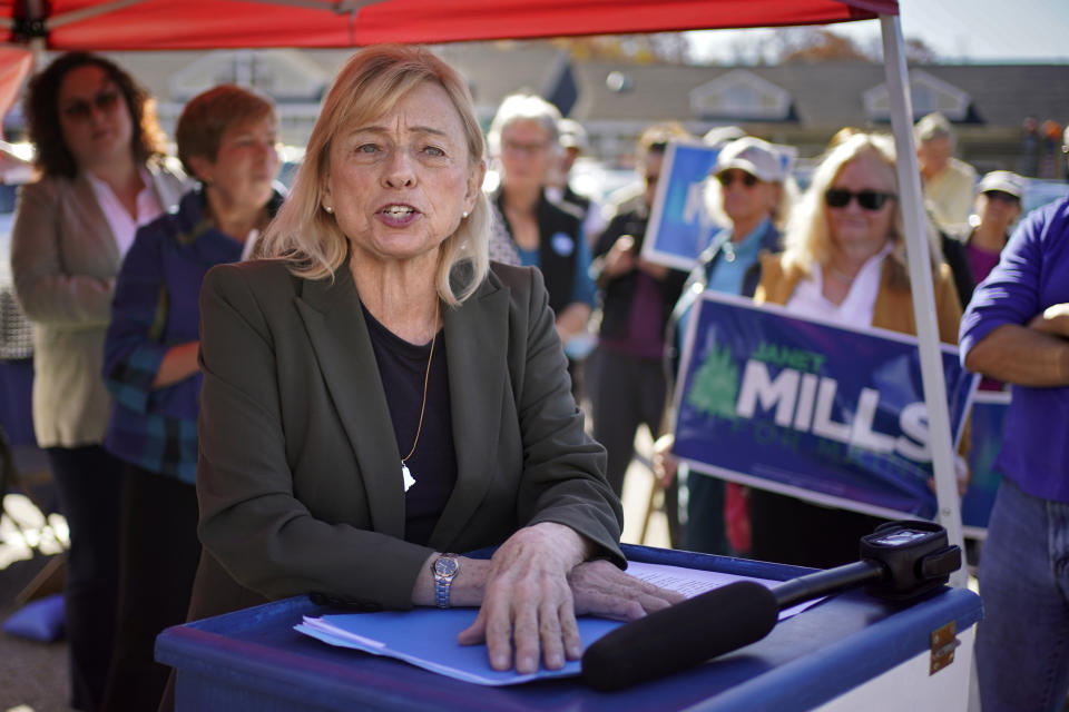 Democratic Gov. Janet Mills speaks at a rally, Wednesday, Nov. 2, 2022, in York, Maine. Mills is being challenged by Republican Paul LePage and independent Sam Hunkler. (AP Photo/Robert F. Bukaty)