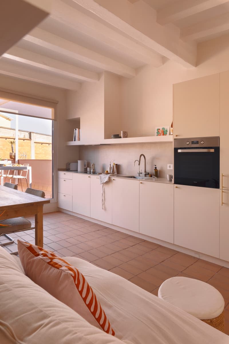 Kitchen cabinets in apartment living area.