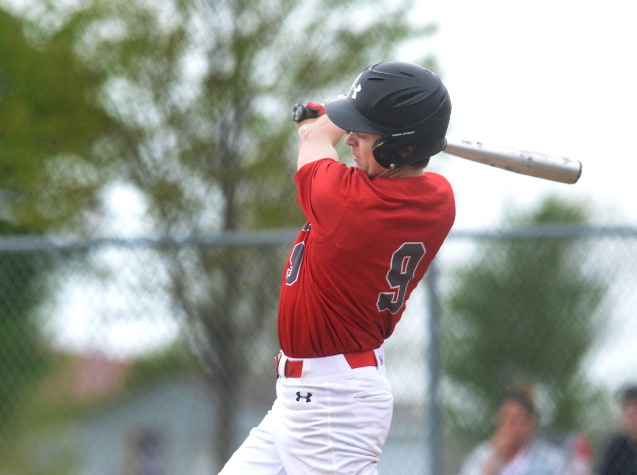 Pleasant Plains High School's Cooper Schallenberg bats during the game against Williamsville Thursday, April 27, 2023.