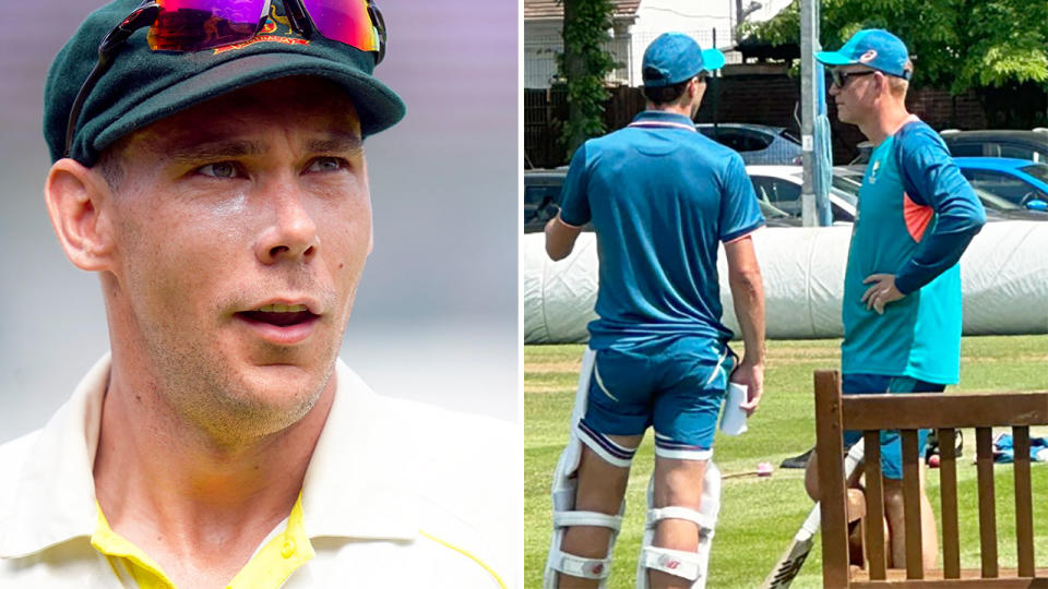 On the left is Scott Boland, while the right image shows Aussie skipper Pat Cummins and coach Andrew McDonald in discussion.