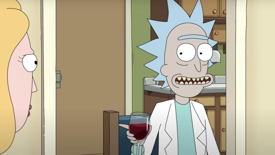 Rick drinking a glass wine while talking to Beth at the dinner table on Rick and Morty