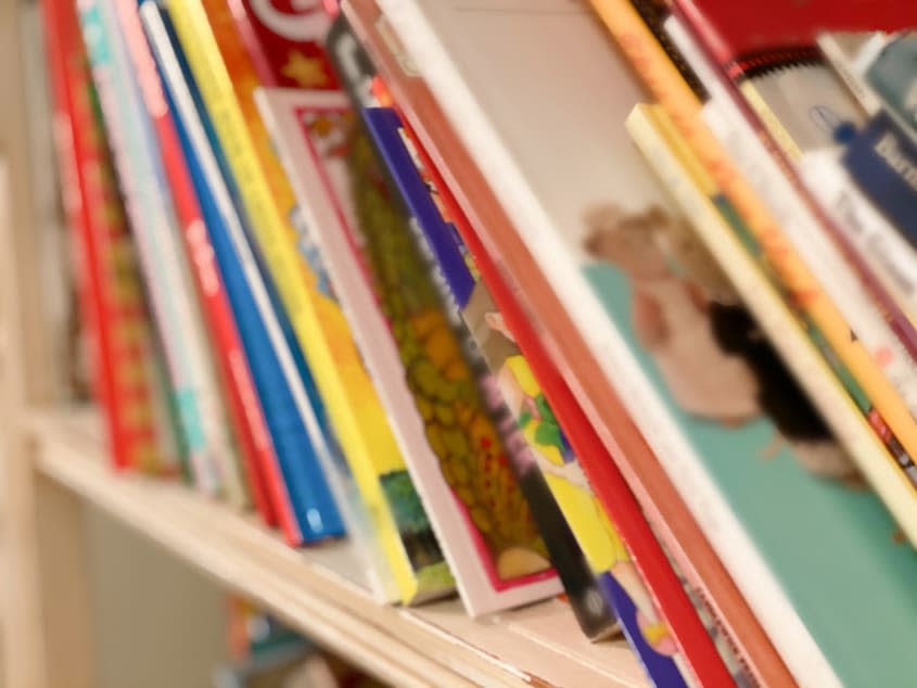 stock photo of children's books on a shelf