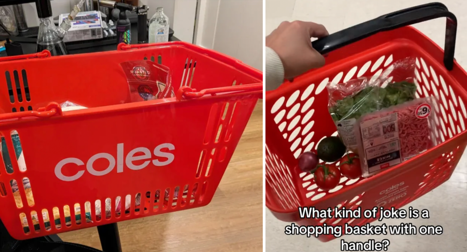 The old Coles baskets with two handles (left) and the new one with one singular black handle (right). 