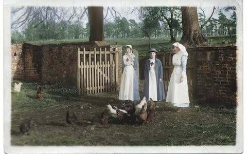 Two VADs and a nurse feeding chickens - Credit: Reproduced with the permission of the British Red Cross Museum and Archives