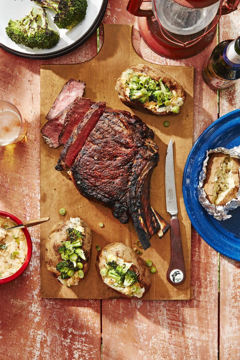 cowboy steaks and potatoes with broccoli and cheddarscallion spread