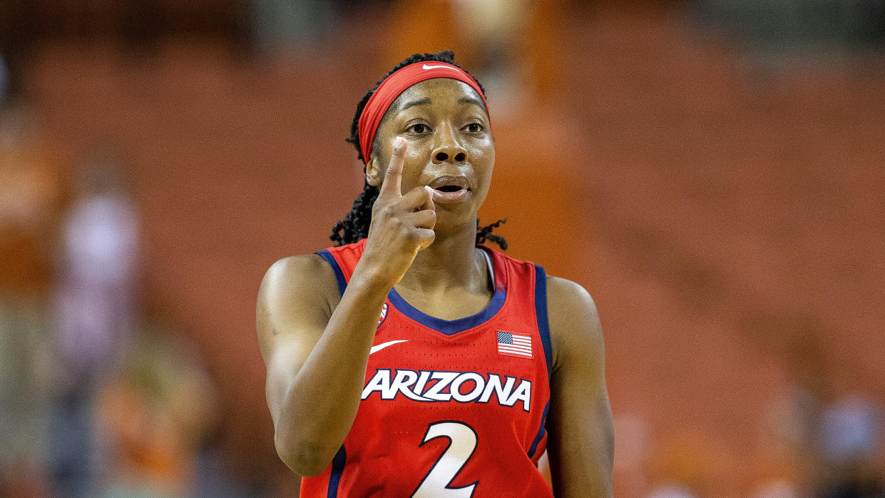 Arizona guard Aari McDonald (2) calls out to her teammates against Texas on Sunday. (AP Photo/Stephen Spillman)