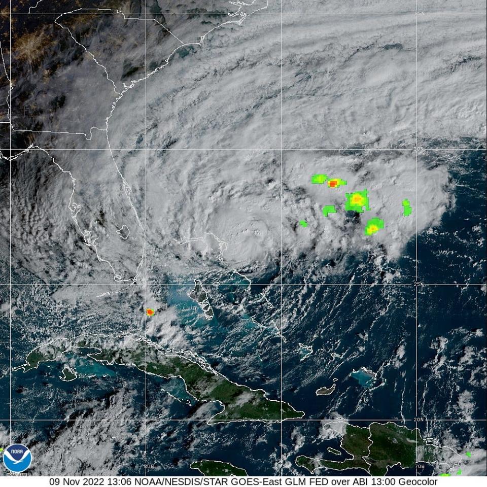 Lightning from Tropical Storm Nicole as it approaches the eastern Florida coast