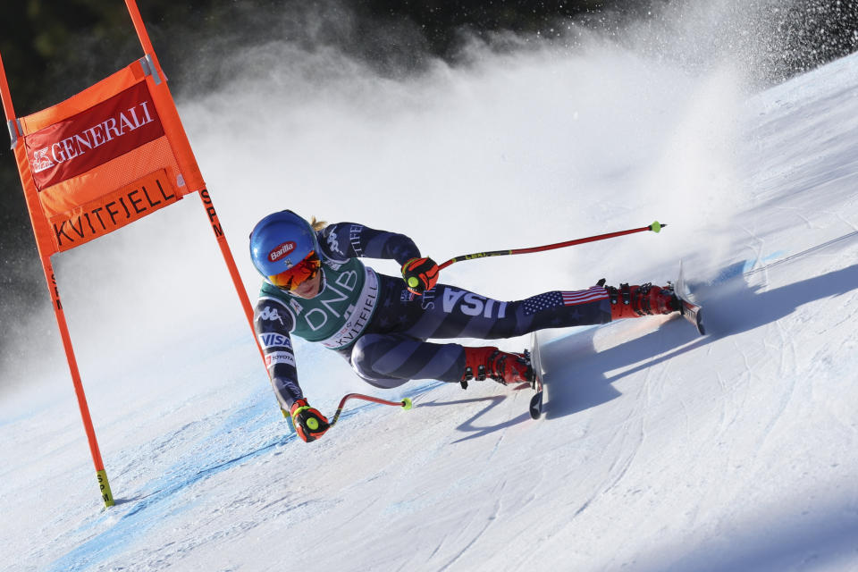 United States' Mikaela Shiffrin speeds down the course during an alpine ski, World Cup women's downhill race, in Kvitfjell, Norway, Saturday, March 4, 2023. (AP Photo/Marco Trovati)