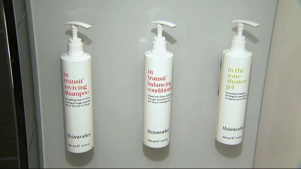FILE - This Aug. 27, 2019, file image, made from video, shows bottles of shampoo, conditioner and shower gel that will replace smaller bottles of them by 2021, at Marriott's headquarters in Bethesda, Md. California has long used its status as the nation's most populous state and the world's fifth-largest economy to pass trend-setting policies. On issues big and small, hotels soon will be forbidden from providing guests with little plastic shampoo bottles, California this year has marched farther left and tried to pull the rest of the country with it. (AP Photo/Dan Huff, File)